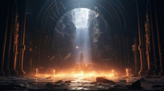 Ancient arch and pillars portal to another world, magical, ancient runes. Generative AI © Ilugram