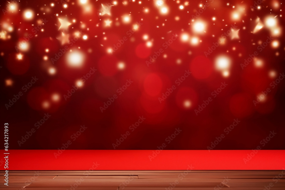 Poster empty space red christmas background with lights bokeh blurred background, ai generate