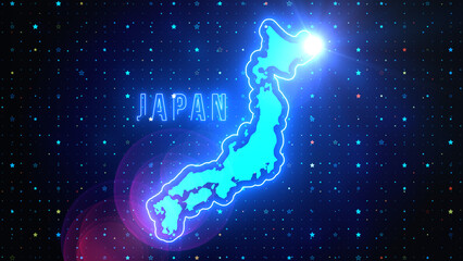 Obraz na płótnie Canvas Futuristic Blue Shine Japan contour line Map And Label Text Glowing Neon Light Optical Light Flare With Stars Sparkle Grid Background