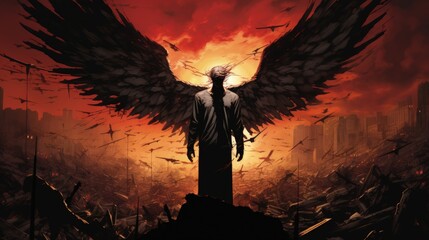 Fallen Angel Lucifer With Darkness Wings. Generative AI - obrazy, fototapety, plakaty
