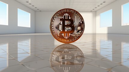 Bitcoin In a White Empty Room, Cryptocurrency. Generative AI