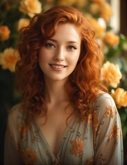 Fototapeta premium Beautiful photorealistic 27 year old blonde woman with messy hair in a retro style with lipstick makeup, modest, prim and proper, smiling with flowers in the background, 4K, Generative AI