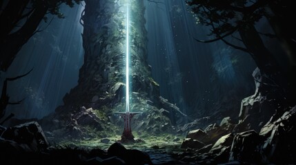 Excalibur Sword In The Stone With Light Rays In a Dark Forest. Generative AI - obrazy, fototapety, plakaty