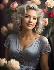 Beautiful photorealistic 27 year old blonde woman with messy hair in a retro style with lipstick makeup, modest, prim and proper, smiling with flowers in the background, 4K, Generative AI