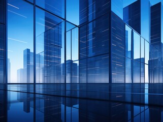 Fototapeta na wymiar Blue Glass Buildings And Windows, Bottom-up View. Generative AI