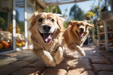 Golden Retrievers Playing On The Living Room Carpet. Generative AI