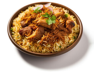 A plate of delicious Indian Mutton Biryani on White Background (Generative AI)

