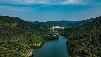 Drone aerial photography Changqi Town, Chishui City, Guizhou Province, China. Moon Lake Scenic Resort of Chishui. 