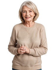 Aged woman wearing warm clothes smiling and looking at the camera, isolated, transparent background, no background. PNG.
