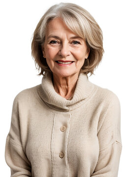 Aged woman wearing warm clothes smiling and looking at the camera, isolated, transparent background, no background. PNG.