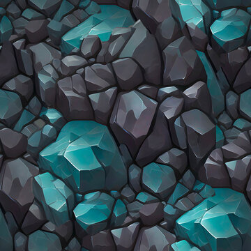 Seamless illustration texture of rock or stone tile wall with crystals. Generative AI.