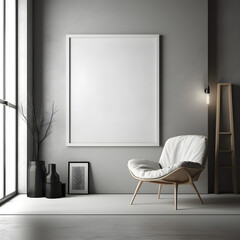 industrial interior showing a mockup of a large empty poster print on the wall for use as a graphic resource, this is an illustration 