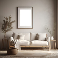 illustration mockup of a neutral coastal scandi interior with an empty frame for use as a mockup, this is an illustration 