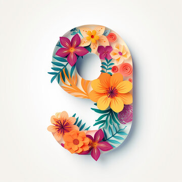 Generic logo floral design with number 9 nine in paper cut shape alphabet 