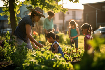 People of diverse backgrounds tending to a community garden. A Multicultural Community Garden
