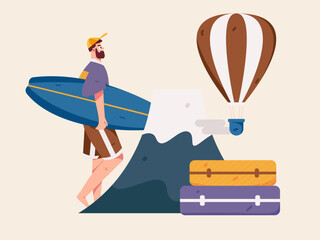 Fototapeta premium Holiday travel travel characters internet background vector hand drawn illustration 