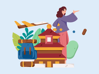 Fototapeta premium Holiday travel travel characters internet background vector hand drawn illustration 