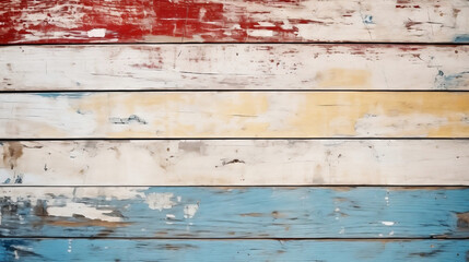 Texture of vintage wood boards with cracked paint of white, red, yellow and blue color. Horizontal retro background with wooden planks of different colors 
