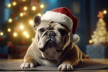 Adorable french bulldog with santa hat posing in christmas setting .Generative AI