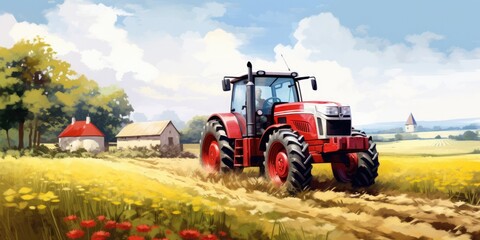 Obraz premium illustration of tractor in farm field realistic, generative AI