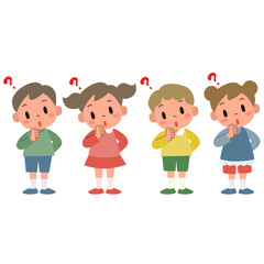 疑問を感じて首をかしげる子供のイラストセット