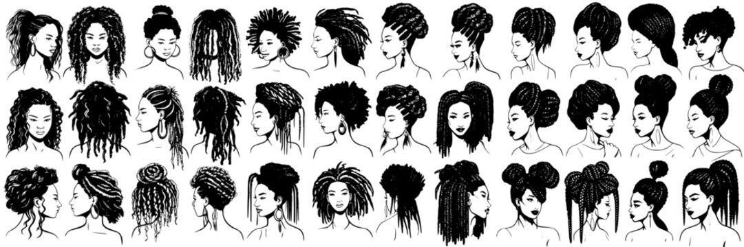 set of silhouettes representing afro braids and hairstyles diversity, vector