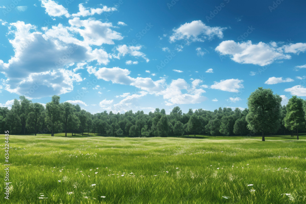 Wall mural an open field with a blue sky and fluffy clouds