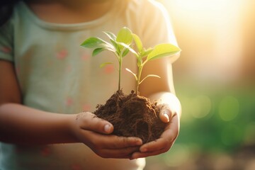 AI Generated hand children holding young plant with sunlight on green nature background. concept eco earth day - obrazy, fototapety, plakaty