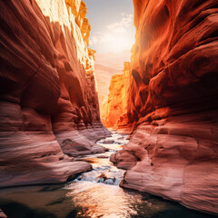 A red rock canyon with a river flowing through it at golden hour