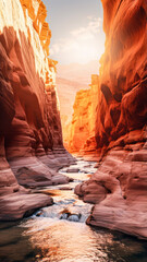 A red rock canyon with a river at golden hour