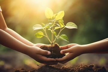 AI Generated hand children holding young plant with sunlight on green nature background. concept eco earth day - obrazy, fototapety, plakaty