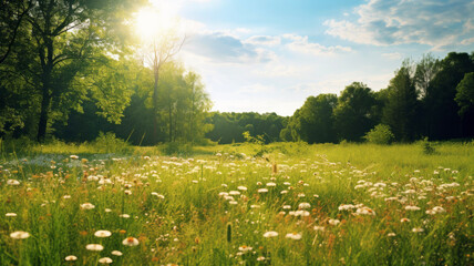 a bright sunny meadow with wildflowers