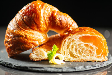 Delicious crispy, flaky, and buttery plain croissant with a beautiful honeycomb.