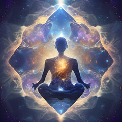 Abstract fractal yoga meditation man woman in universe cosmic space energy stylized symbolic realistic image