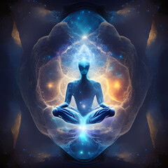 Abstract fractal yoga meditation man woman in universe cosmic space energy stylized symbolic realistic image