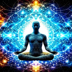 Abstract fractal yoga meditation man woman in universe cosmic space energy stylized symbolic realistic image