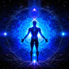 Abstract fractal yoga meditation man woman in universe cosmic space energy stylized symbolic realistic image