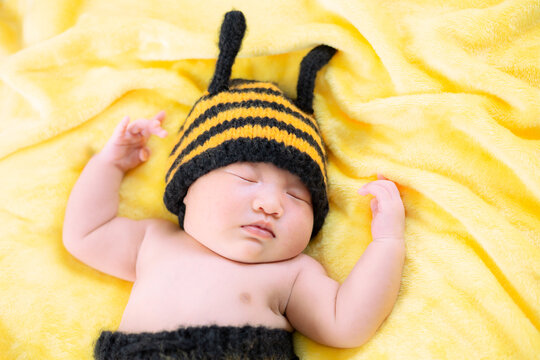 Asian Baby Girl dress in a bee costume,baby in bee costume,newborn baby in bee costume. newborn baby concept shot 
