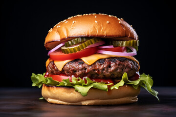 Delicious close-up of classic burger, bun, tomatoes, cucumber, onions, salad, lettuce, greens on a plate, meat dinner concept, website, recipe, restaurant