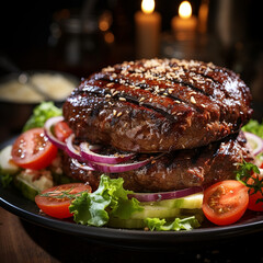 Delicious close-up of keto burger, no bun, tomatoes, cucumber, onions, salad, lettuce, greens on a plate, low-carb dinner concept, website, recipe, Canva