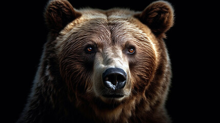 Portrait of bear. Front view of brown bear isolated on black background