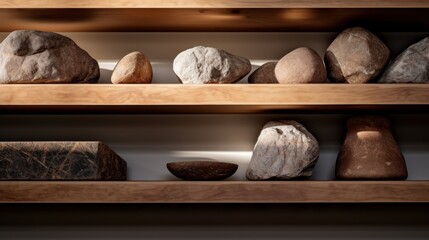 closeup photo of a wall floating wooden shelf with stones and pottery vases and forms. sunlights in the room and shadows dropping on the shelves. Generative AI