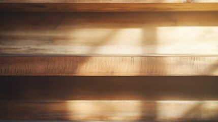closeup photo of a wall floating empty wooden shelf. sunlights in the room and shadows dropping on the shelves. Generative AI