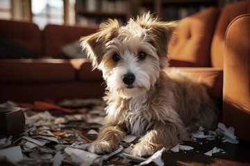 A cute sad and lonely Stressed dog puppy: Separation Anxiety, depression, Scared and Worried, Alone at Home, messy destroyed room, ripping up furniture