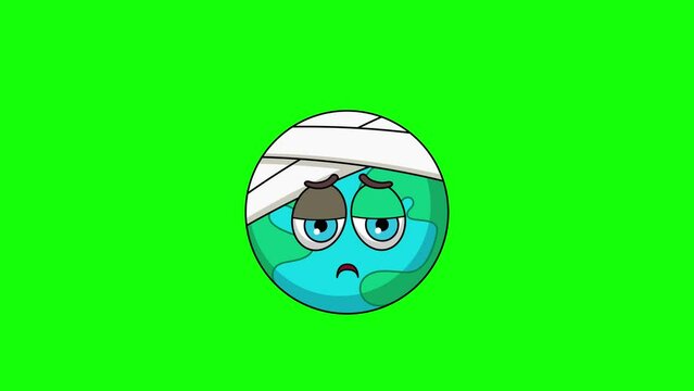earth emoticon face with head bandage, emoji loop animation
