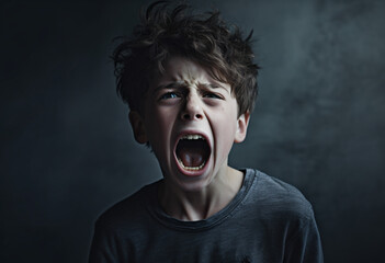 Boy Crying Out Loud, A Child's Angry Yell, A Child Expressing Anger, portrait of a child is angry and mad and offended or annoyed and stressed or screams