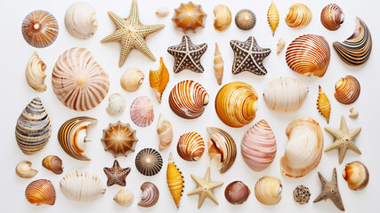 Treasures of the Shore: Assorted Sea Shells Display. AI Generative, Midjourney.