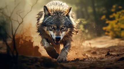 Angry wolf running through a forest with its mouth open. © Pro Hi-Res
