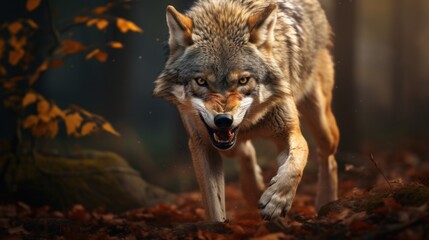 Angry wolf running through a forest with its mouth open.