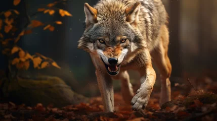 Foto op Canvas Angry wolf running through a forest with its mouth open. © Pro Hi-Res